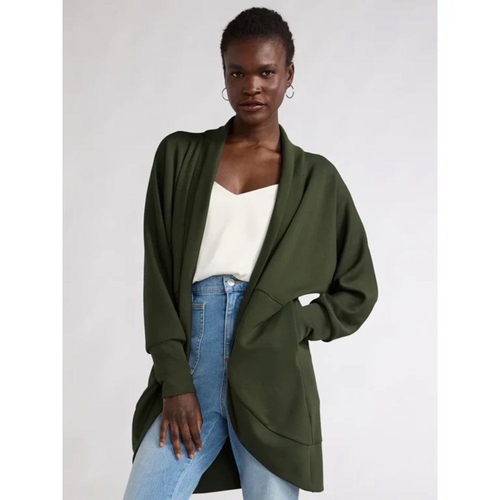 Scoop Women’s Ultimate ScubaKnit Open Front Kombu Green Cardigan Sweater NWT